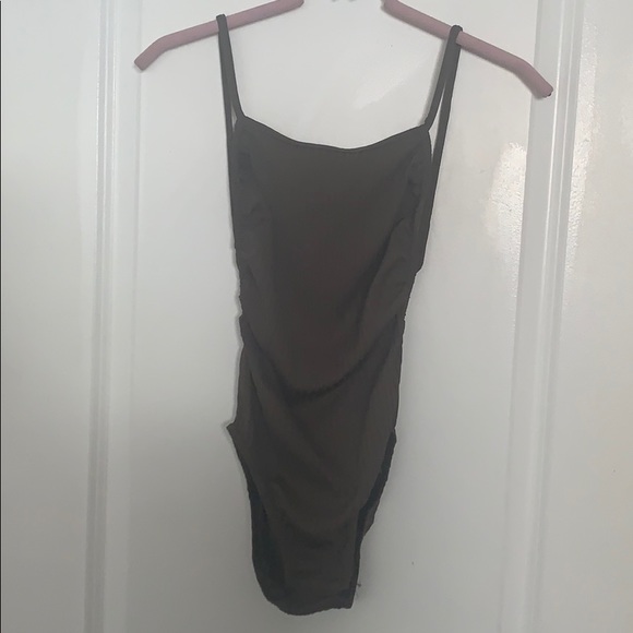 Olive Green Ribbed Open Back Bodysuit - Picture 5 of 7